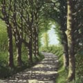 painting of a road bordereed by trees with dappled sunlight