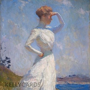 Woman looking into the sunlight with a hand on her brow