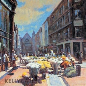 grafton street on a sunny day with flower sellers and buskers