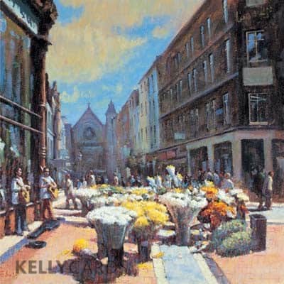 grafton street on a sunny day with flower sellers and buskers