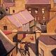 painting depicting Dublin houses using pink and orange tones