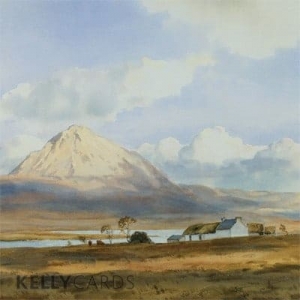 painting of Errigal showing cottages and snow covered peak