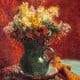 painting of a bouquet of spring flowers in a vase with tones of red and yellow
