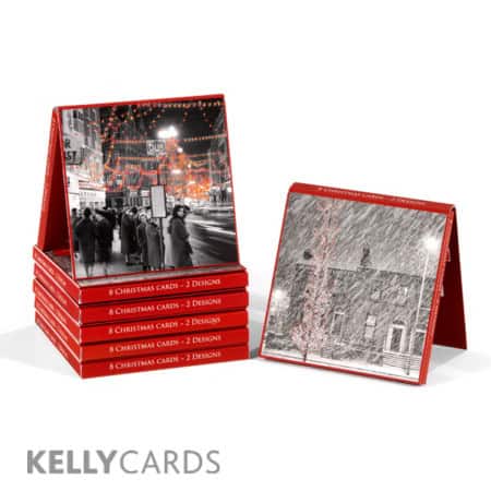 Christmas card pack with two designs black and white photographs of Dublin Christmas scenes