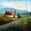 painting depicting a cottage on Achill Island with blues and orange colous