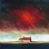 A Cottage with a red roof sitting under a crimson coloured cloud - Irish Art Greeting Card Padraig McCaul