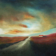 road stretching into the distance with a wispy sky reflecting the colour from the land