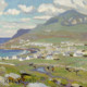 painting depicting Achill Island with mountain cottages and the sea