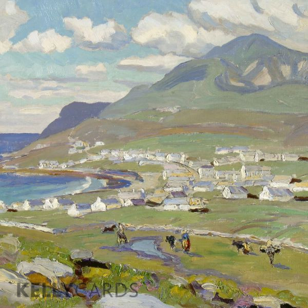 painting depicting Achill Island with mountain cottages and the sea