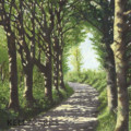 painting showing a lane covered with trees and the dappled light
