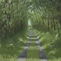 painitng of a country lane with trees on each side and grass growing in the middle of the lane