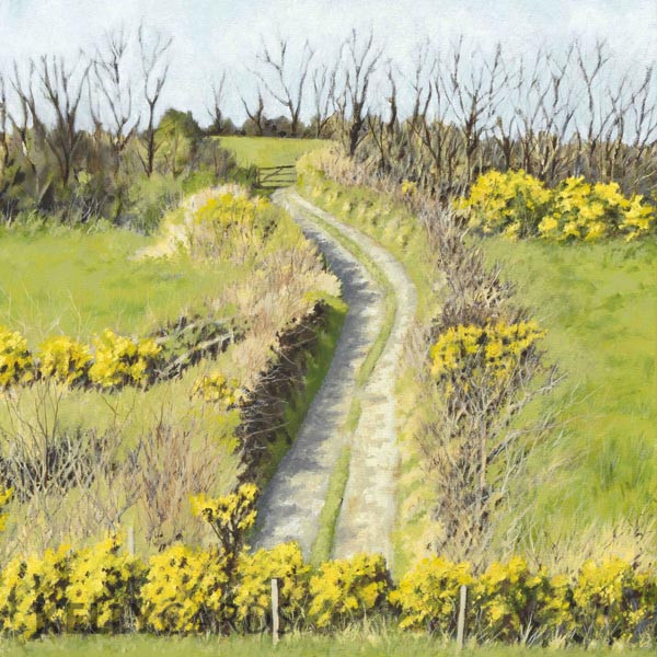 painiting of country lane surrounded by yellow gorse flowers