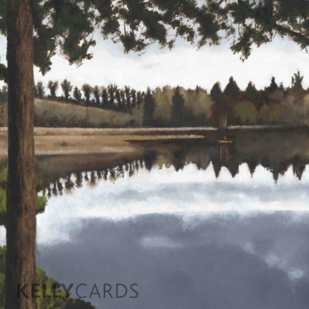 painting of a lake in the winter with a boat fishing on the lake